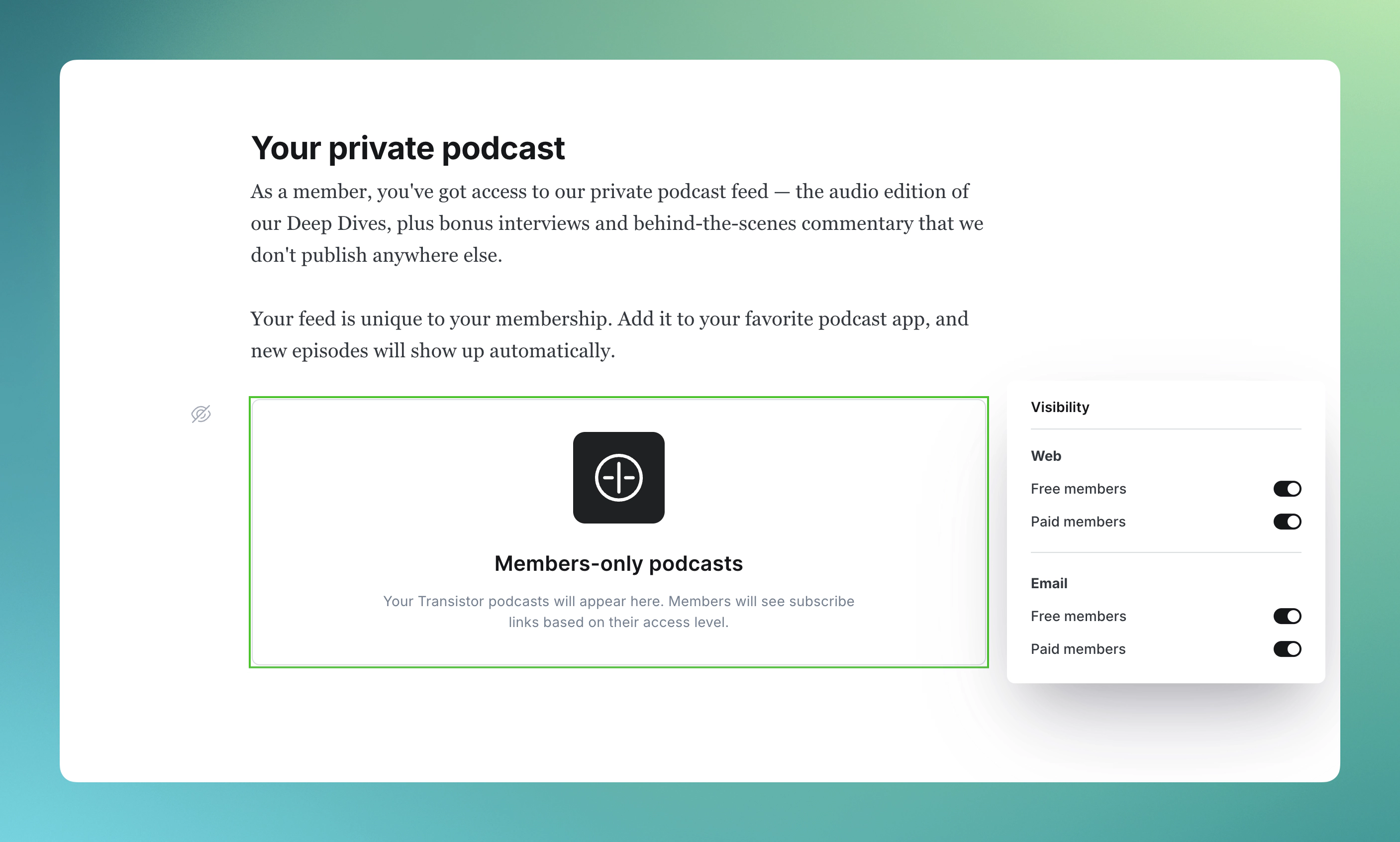 The Transistor card in the Ghost editor
